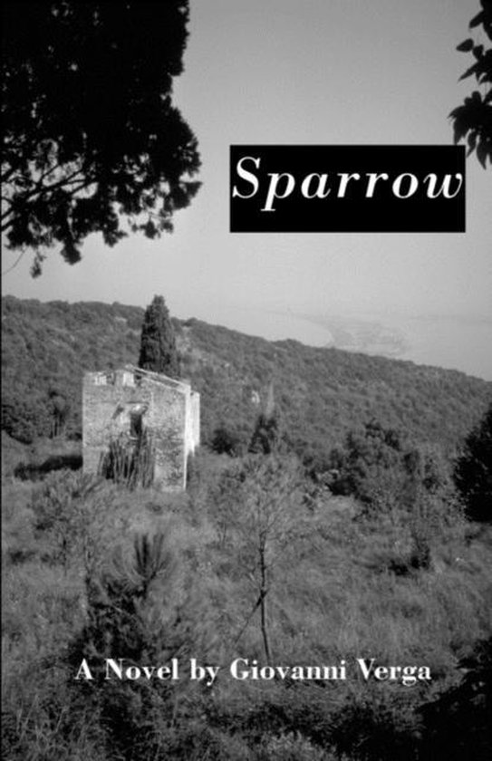 Boekcover van Sparrow, een roman van Giovanni Verga, met een zwart-witafbeelding van een ruïne op een heuvel.