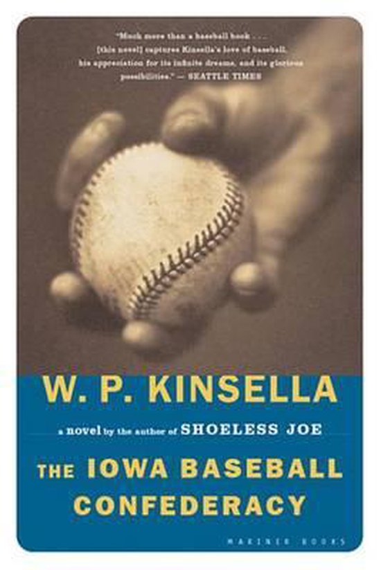 Boekcover met een hand die een honkbal vasthoudt. Titel: The Iowa Baseball Confederacy.