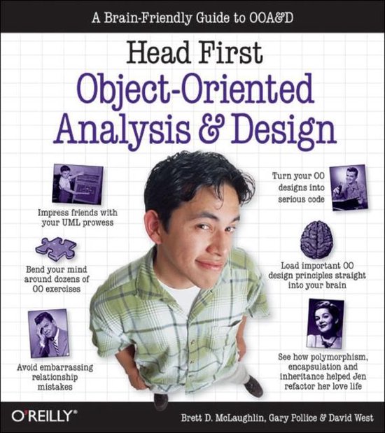 Boekcover 'Head First Object-Oriented Analysis & Design', met een jongeman in het midden, omringd door tips en afbeeldingen.