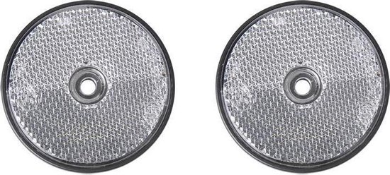 Twee witte, ronde reflectoren met rasterpatroon en centraal schroefgat.