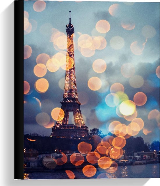 Canvas  - Lichtbolletjes op Foto van Eiffeltoren - Parijs - 30x40cm Foto op Canvas Schilderij (Wanddecoratie op Canvas)