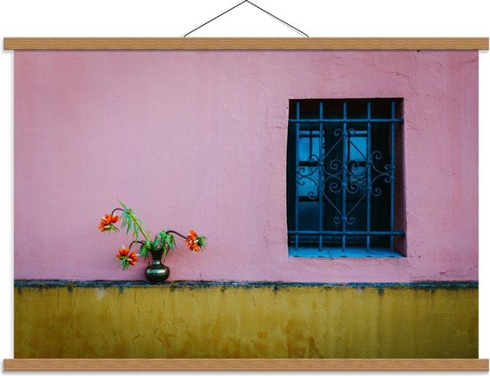 Schoolplaat – Hangende Plant voor Roze Muur - 90x60cm Foto op Textielposter (Wanddecoratie op Schoolplaat)