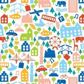 Inpakpapier Wit Multicolour stad-dieren 30cm x 200mtr