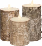 Set van 3x stuks Bruin berkenhout Led kaarsen met bewegende vlam - Sfeer stompkaarsen voor binnen