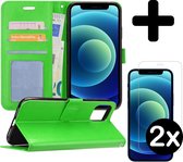Hoes voor iPhone 12 Pro Max Hoesje Book Case Met 2x Screenprotector Met Dichte Notch - Hoes voor iPhone 12 Pro Max Hoes Wallet Case Cover Met 2x Screenprotector - Groen