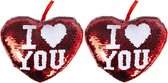 2x stuks hartjes kussen I Love You rood metallic met pailletten 20 cm  - decoratie/sierkussens