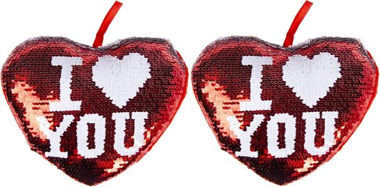 2x stuks hartjes kussen I Love You rood metallic met pailletten 20 cm  - decoratie/sierkussens