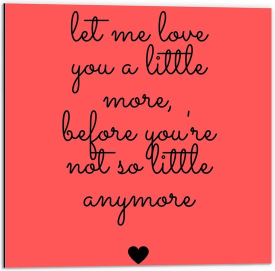 Dibond - Tekst: ''Let Me Love You A Little More Before You're Not So Little Anymore'' zwart/rood - 50x50cm Foto op Aluminium (Met Ophangsysteem)