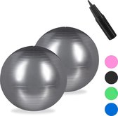 Relaxdays 2x fitnessbal 75 cm - pompje - gymbal - zitbal - yogabal - pilatesbal - zilver