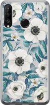 Huawei P30 Lite hoesje - Witte bloemen - Soft Case Telefoonhoesje - Bloemen - Blauw