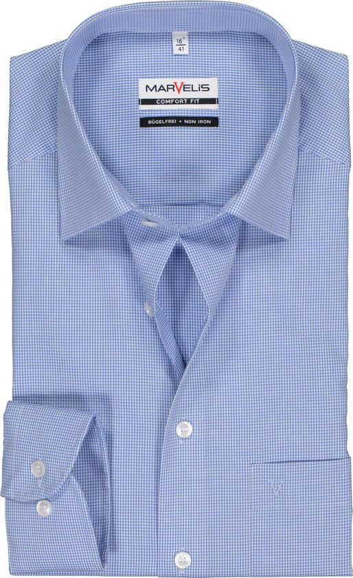 MARVELIS comfort fit overhemd - blauw met wit geruit - Strijkvrij - Boordmaat: 44