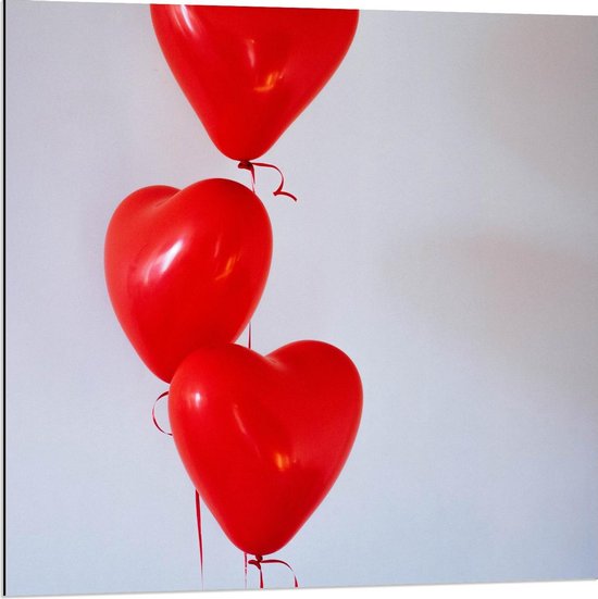 Dibond - Rode Hartjes Ballonnen - 80x80cm Foto op Aluminium (Wanddecoratie van metaal)