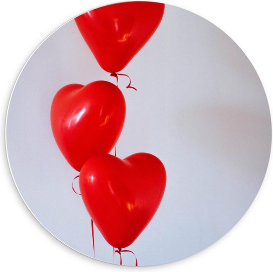 Forex Wandcirkel - Rode Hartjes Ballonnen - 60x60cm Foto op Wandcirkel (met ophangsysteem)