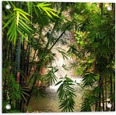 Tuinposter – Bamboe met Waterval op de Achtergrond  - 50x50cm Foto op Tuinposter  (wanddecoratie voor buiten en binnen)