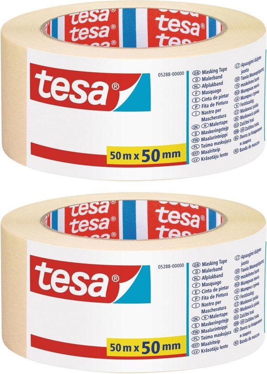 2x rollen afplaktape/schilderstape 50 mm x 50 m - Verf afplakband/tape - Maskeertape - Tesa Masking tape
