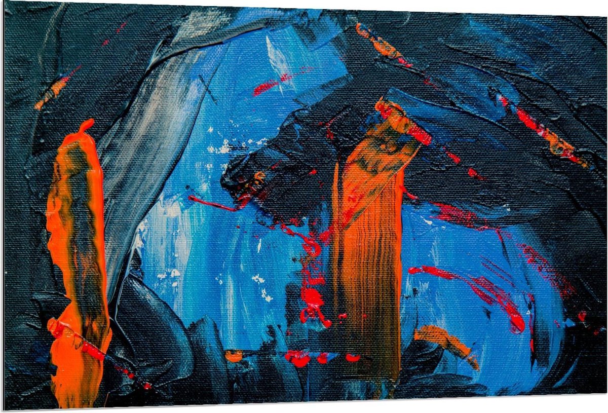 Dibond - Schilderij Verfstrepen (zwart/blauw/oranje) - 120x80cm Foto op Aluminium (Met Ophangsysteem)