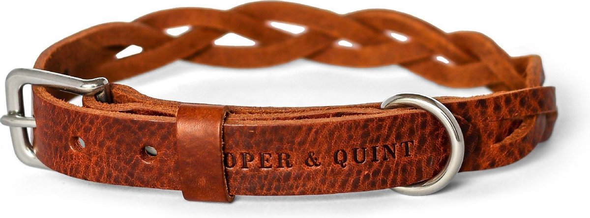 Cooper & Quint Twisted - Halsband hond gevlochten leer - Bruin - Zilver - Medium