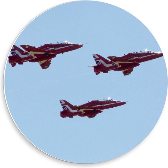 Forex Wandcirkel - Rode Amerikaanse Vliegtuigen in de Lucht - 50x50cm Foto op Wandcirkel (met ophangsysteem)