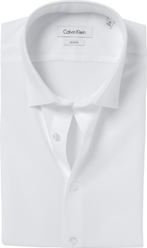 Calvin Klein slim fit overhemd - 2-ply stretch - wit - Strijkvriendelijk - Boordmaat: 44