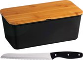 Boîte à pain noire avec couvercle de planche à découper en bambou et couteau à pain noir / argent 18 x 34 x 14 cm - Plateau de rangement du pain avec couteau dentelé - Planches à découper
