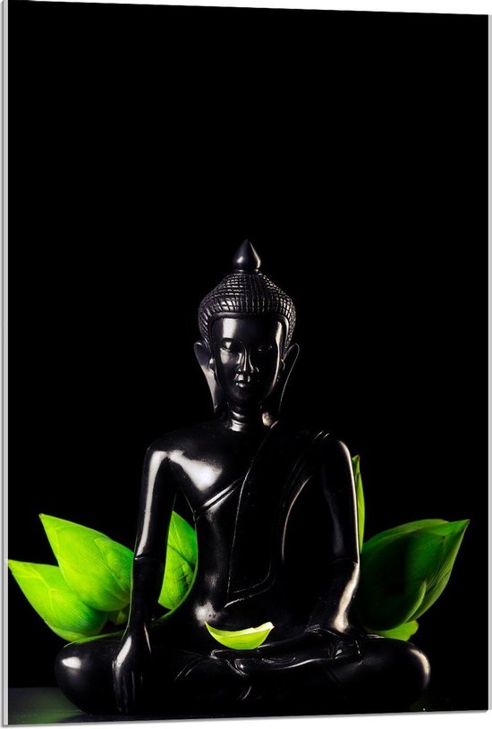 Acrylglas - Buddha Met Groene Planten - 60x90cm Foto op Acrylglas (Met Ophangsysteem)