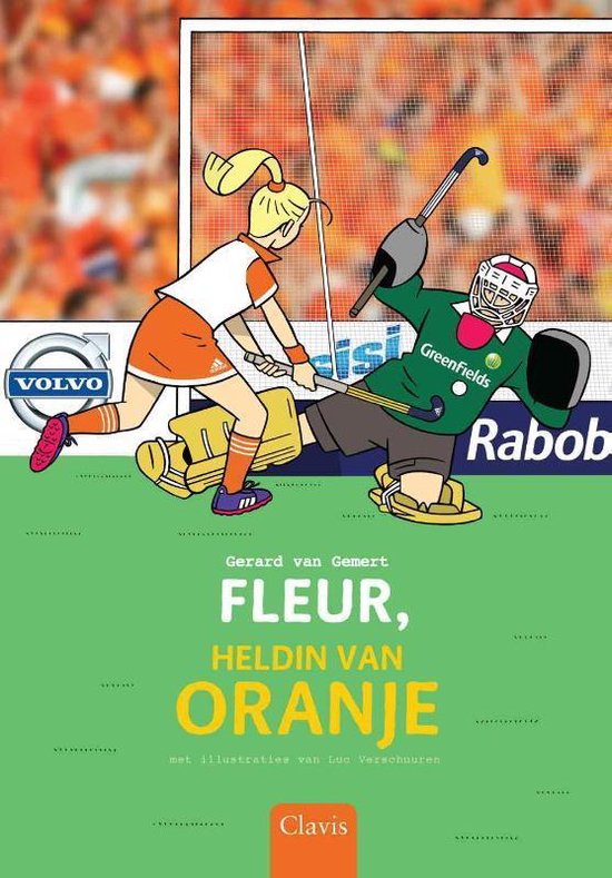 Boekcover met hockeyveld: meisje in oranje outfit probeert te scoren op keeper in groen.