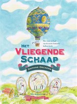 Kleurrijke boekomslag 'Het Vliegende Schaap', met een luchtballon, boerderij, schaap, eend en haan.