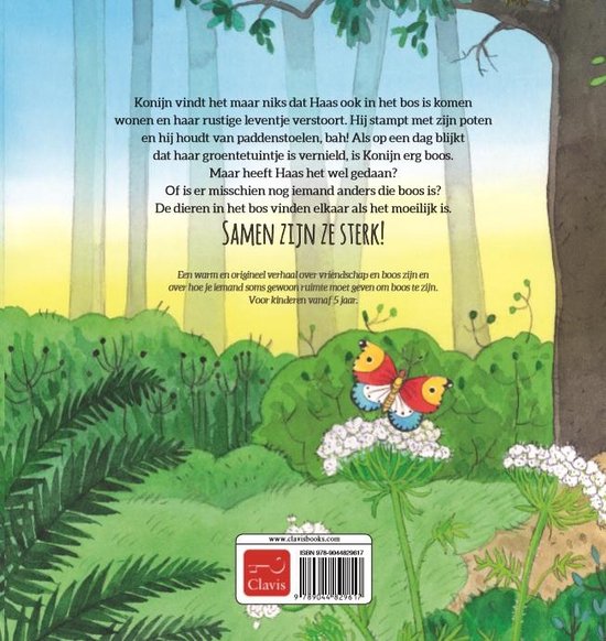 Achterkant kinderboek 'Samen sterk', met vlinder en tekst.