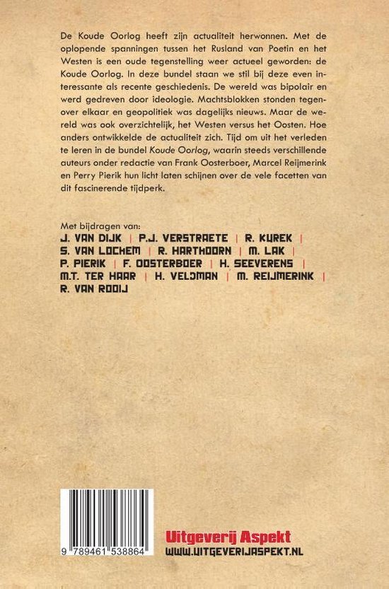 Boek "Koude Oorlog" met een illustratie van een barcode en uitgeverij "Uitgeverij Aspekt".