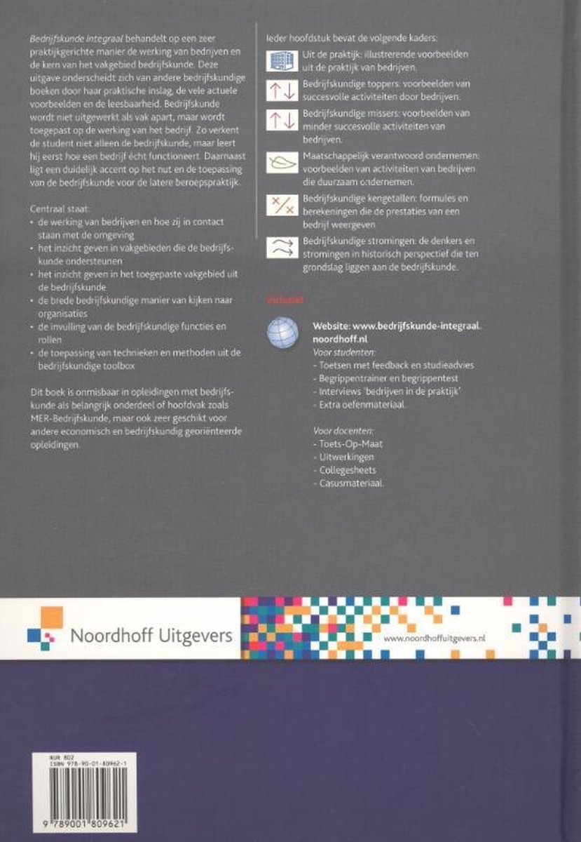 Achterkant van een boek met tekst en afbeeldingen over bedrijfskunde. Titel 'Bedrijfskunde Integraal'.