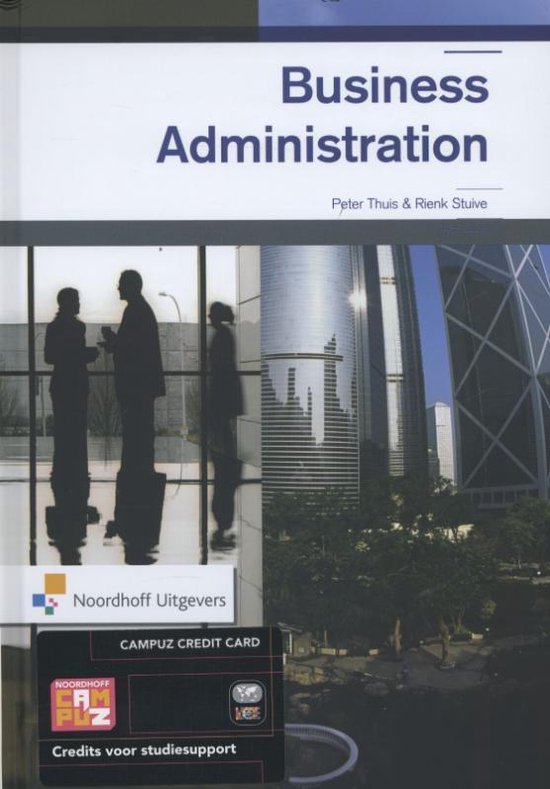 Boekomslag 'Business Administration' met drie silhouetten, wolkenkrabbers en een creditcard.