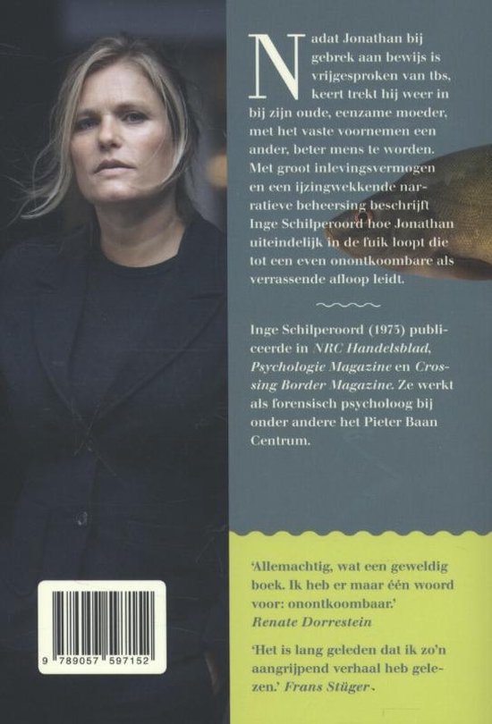 Achterkant boek 'Muidhond' met foto van Inge Schilperoord en tekst.