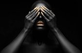 Fotobehang Donkere vrouw met handen voor haar ogen en gouden nagels 250 x 260 cm - € 145