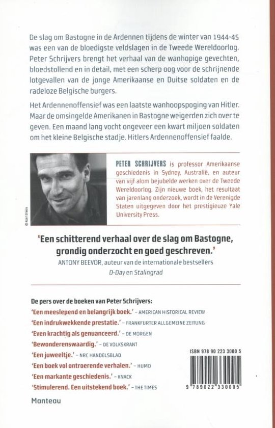 Achterkant boek 'Bastogne' met beschrijving en foto van Peter Schrijvers.