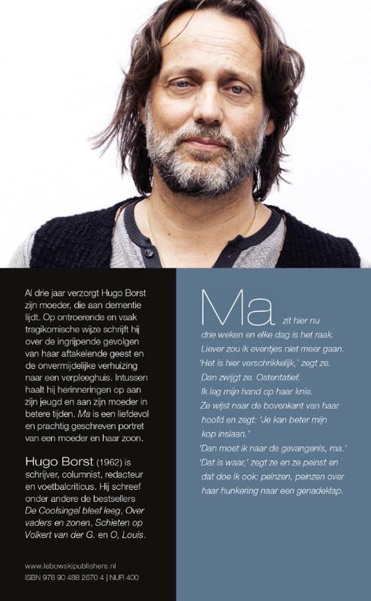 Portret van Hugo Borst, met baard en donker haar, draagt vest. Tekst over boek 'Ma'.