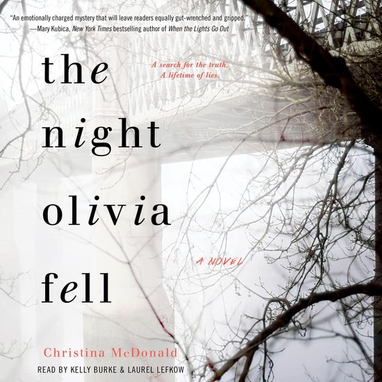 Boekcover met de titel "the night olivia fell" in grote letters. Op de achtergrond takken en een brug. "A search for the truth. A lifetime of lies."