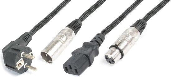Combikabel met haakse stekker en XLR/C13-connector, 20 meter.