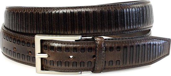JV Belts Fraaie unisex riem bruin met streep patroon - heren en dames riem - 3.5 cm breed - Bruin - Echt Leer - Taille: 115cm - Totale lengte riem: 130cm
