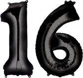 Ballon Cijfer 16 Jaar Zwart Verjaardag Versiering Zwarten Helium Ballonnen Feest Versiering 86 Cm XL Formaat Met Rietje