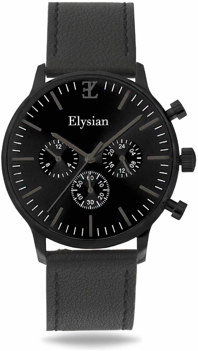 Elysian - Horloge Heren - Zwart - Vintage Leer - Waterdicht - Krasvrij Saffier - 43mm