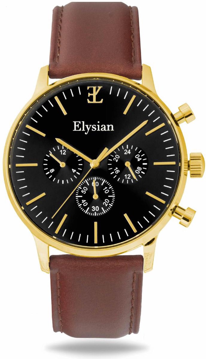 Elysian - Horloge Heren - Goud - Leer - Waterdicht - Krasvrij Saffier - 43mm