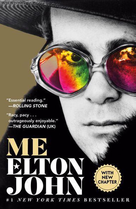 Boekcover 'ME Elton John' met Elton John op de foto met zijn iconische bril met kleurrijke glazen. "#1 New York Times Bestseller".