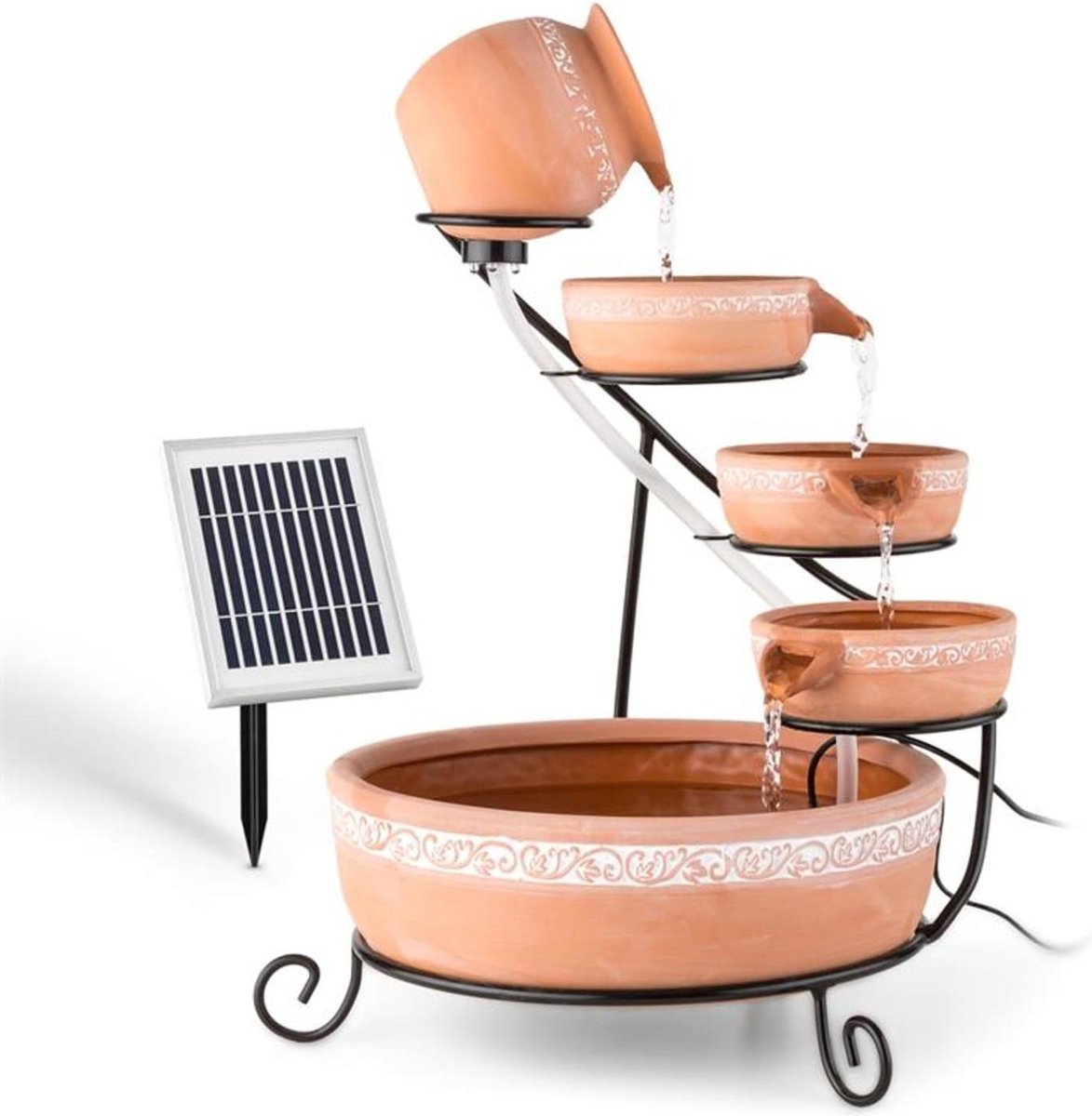 Blumfeldt Empoli Tuinfontein – Cascadfontein, Solar Fontein, 5 Niveaus, Terracotta Schalen, Wijnblad Patroon, Circulatiepomp, 200 L/u Doorstroom, 2 Watt Zonnepaneel, Bruin