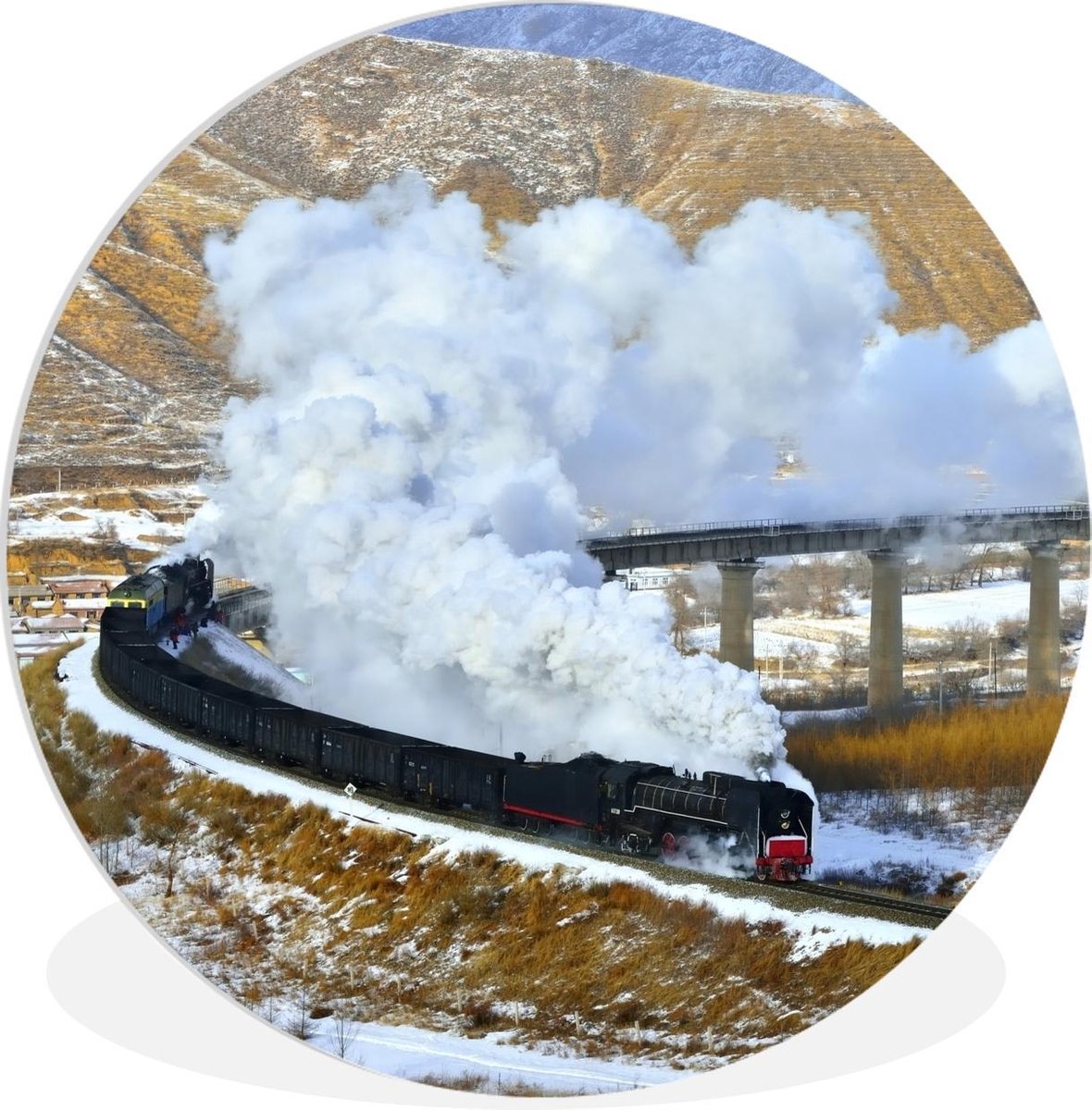 Stoomlocomotief over een karakteristieke brug Wandcirkel kunststof plaat ⌀ 30 cm - foto print op muurcirkel / wooncirkel (wanddecoratie)