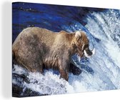 Canvas Schilderij Beer - Vis - Waterval - 90x60 cm - Wanddecoratie