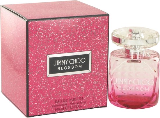 Doos en fles Jimmy Choo Blossom, rode sprankelende doos en glazen fles met roze vloeistof.