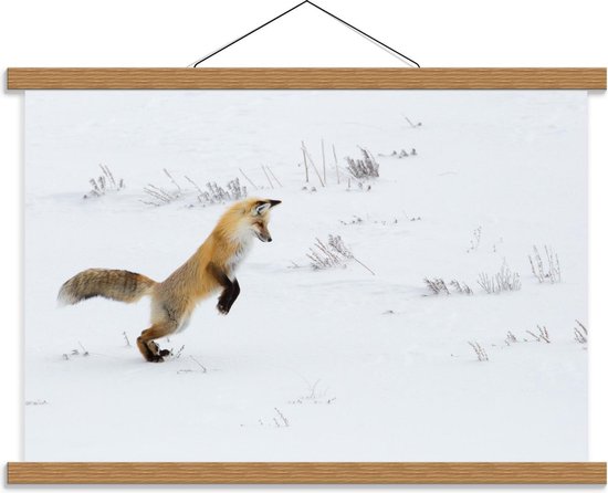 Schoolplaat – Springende Vos in de Sneeuw  - 60x40cm Foto op Textielposter (Wanddecoratie op Schoolplaat)
