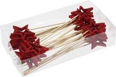 24x Kerststukje onderdelen rode stekers/instekers met open ster 6 cm - Kerststukje maken - prikkers/instekertjes