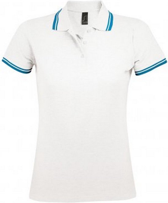 SOLS Dames/dames Pasadena getipt korte mouw Pique Polo Shirt (Wit/Aqua Blauw)