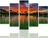 Schilderij , Kleurrijke Zonsondergang boven een meer, Multikleur ,4 maten , 5 luik , wanddecoratie , Premium print , XXL